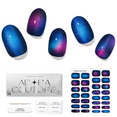 Adora Couture Semi Cured Gel Nail Strips with 30 Pieces, Salon Quality Wraps for Women, Velvet CatEye Purple Blue UV Gel Stickers, UV Light Required, Constellation