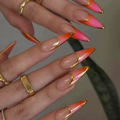 Almond Press on Nails Gold French Tips Fake Nails Medium Square Shape, Pink Orange Ombre Design Glossy Reusable False Nails for Women Girls Daily Wear Manicure 24pcs
