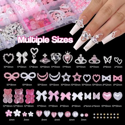 Silver Nail Gems Charms, 3D Pink Color Nail Art Charms, Acrylic Blossom Tiny Flowers Flatback Multi Styles Pearls Nail Charms Planet Heart Butterfly Nail Diamond Charms for Nails Manicure DIY Crafts