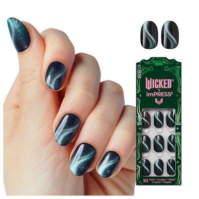 WICKED X imPRESS Design Press On Nails , The EASIEST NO GLUE Mani, Super Hold Adhesive, Land of OZ, Green, Short Oval, Includes 30 Fake Nails, 1 Prep Pad, 1 Manicure Stick, 1 Mini File
