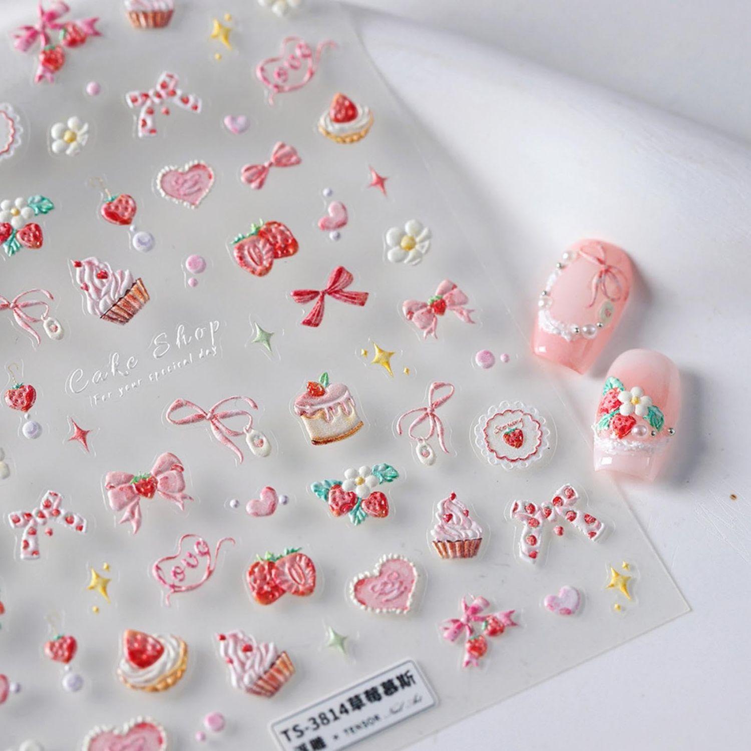 5D Embossed Pink Nail Stickers for Nail Art Cake Strawberry Bow Nail Art Stickers Nail Decals Self Adhesive Cute Nails Design Manicure Supplies Charm for Women Nails Decorations