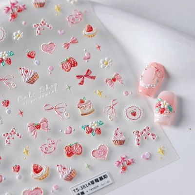 5D Embossed Pink Nail Stickers for Nail Art Cake Strawberry Bow Nail Art Stickers Nail Decals Self Adhesive Cute Nails Design Manicure Supplies Charm for Women Nails Decorations