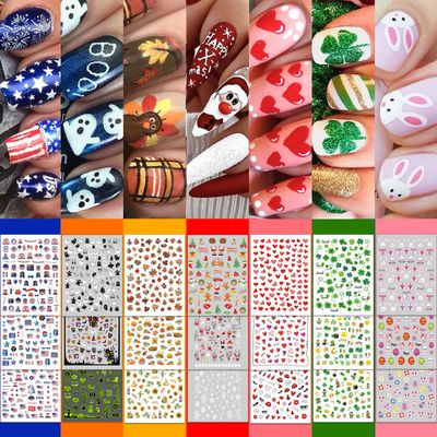 30 Sheets 7 Holiday Nail Art Stickers, Mixed Season Nail Decals Set for All Year, 3D Self-Adhesive Pegatinas Uas Easter 4th of July Halloween Thanksgiving Christmas Valentines St. Patricks Day