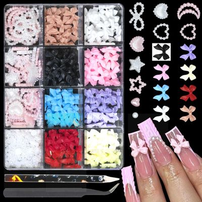 3D Nail Charms and Flatback Pearls Set, 8 Colors Nail BowsPink&amp;White Star Heart Moon Cute Nail JewelsWhite Nail Pearls for Nail Art DIY Decoration with Pick Up Tweezers and Nail Rhinestone Picker