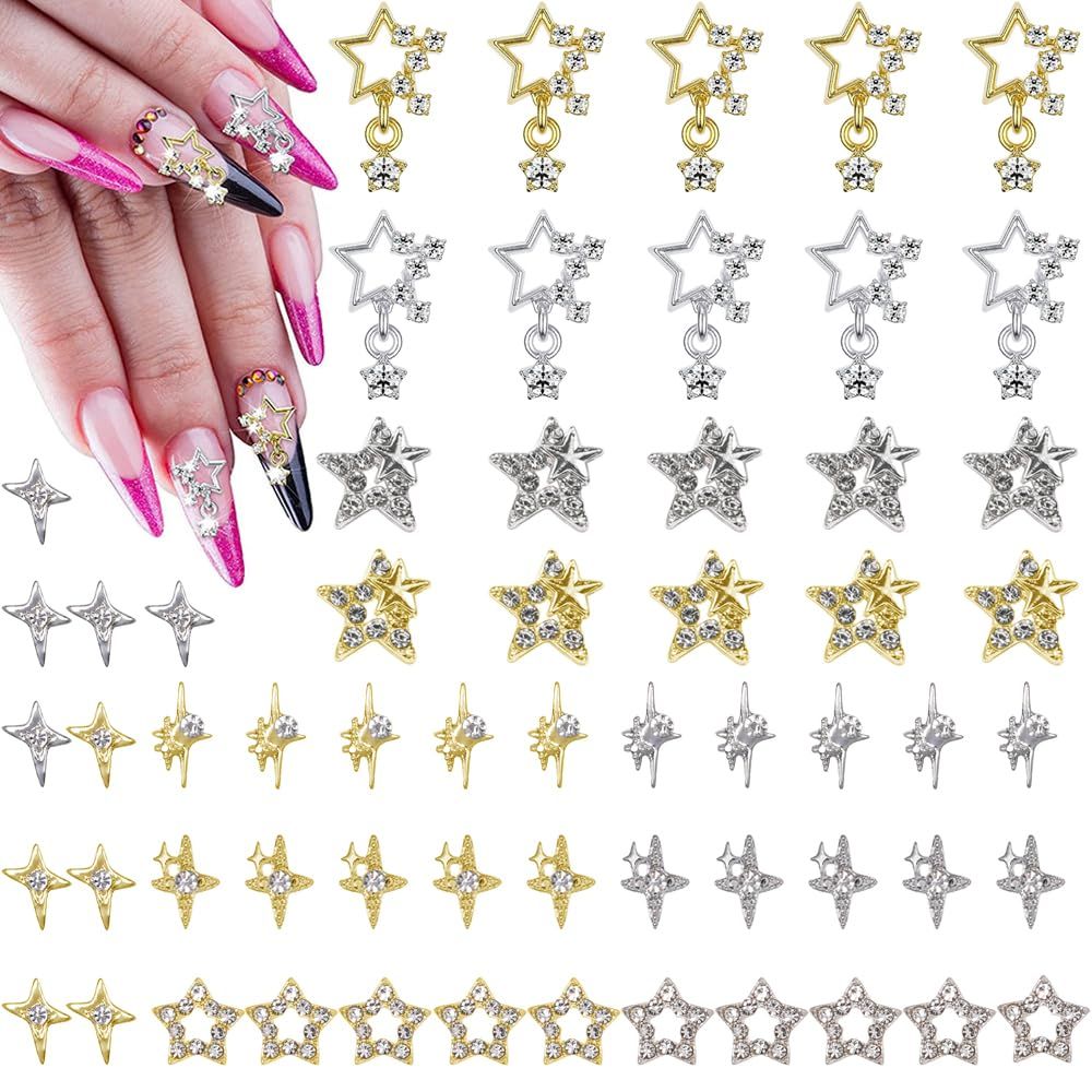 Qdsuh Nail Charms, 60 PCS Gold Silver Star Nail Art Charms for Acrylic Nails 6 Styles 3D Shiny Alloy Star Nail Gems Star Nail Rhinestones Nail Supplies for Women and Girls