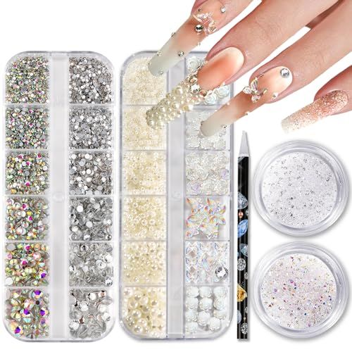 Nail Rhinestones and Pearls Nail Charms, HAOZHER 11000 PCS Crystals Nail Gems and Rhinestones for Nails, 4 Box Nail Jewels for Nail Art Rhinestones Kit, 3D Pearl Nail Charms Wax Pencil