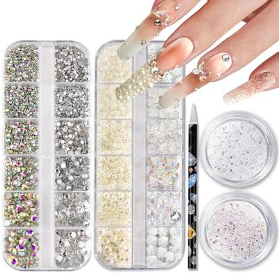 Nail Rhinestones and Pearls Nail Charms, HAOZHER 11000 PCS Crystals Nail Gems and Rhinestones for Nails, 4 Box Nail Jewels for Nail Art Rhinestones Kit, 3D Pearl Nail Charms Wax Pencil