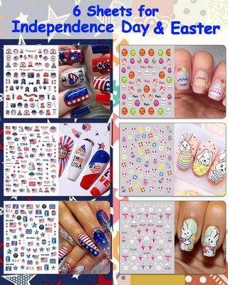 30 Sheets 7 Holiday Nail Art Stickers, Mixed Season Nail Decals Set for All Year, 3D Self-Adhesive Pegatinas Uas Easter 4th of July Halloween Thanksgiving Christmas Valentines St. Patricks Day