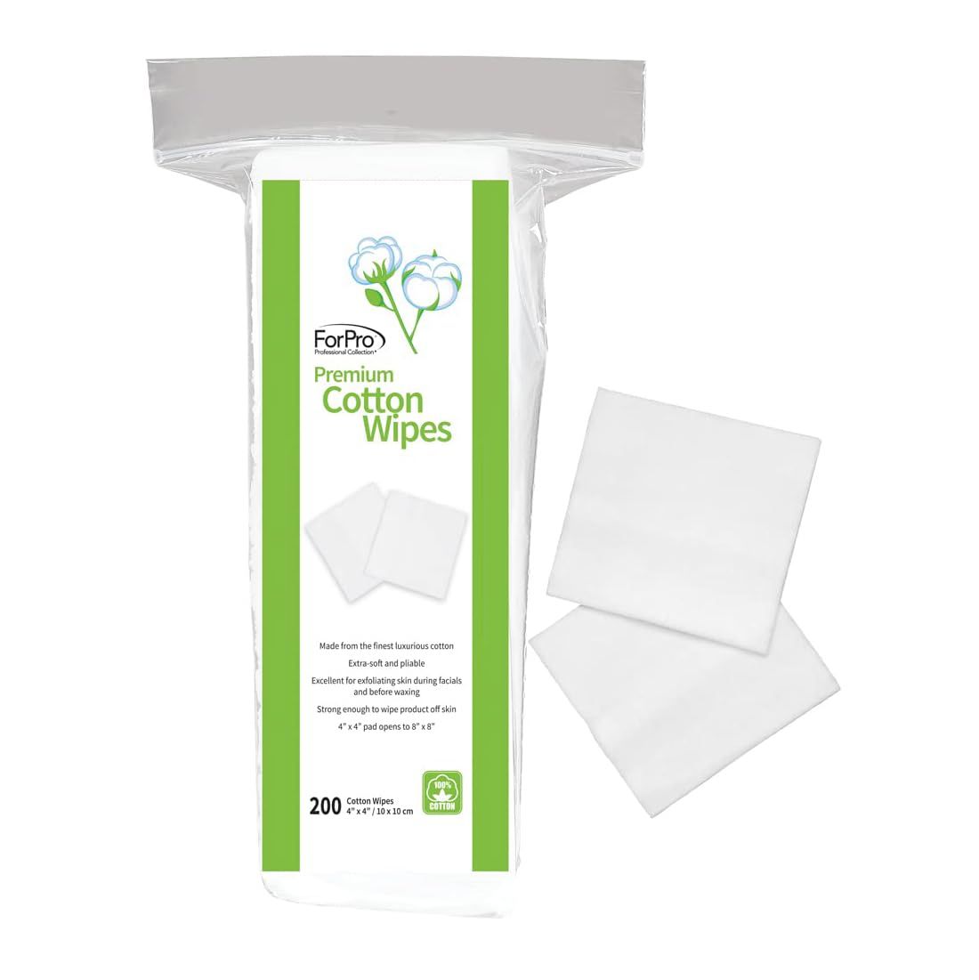 ForPro Professional Collection Premium Cotton Wipes, 100 Cotton, Extra-Soft, for Cosmetic, Nail, and Personal Care, 4 x 4, 200-Count