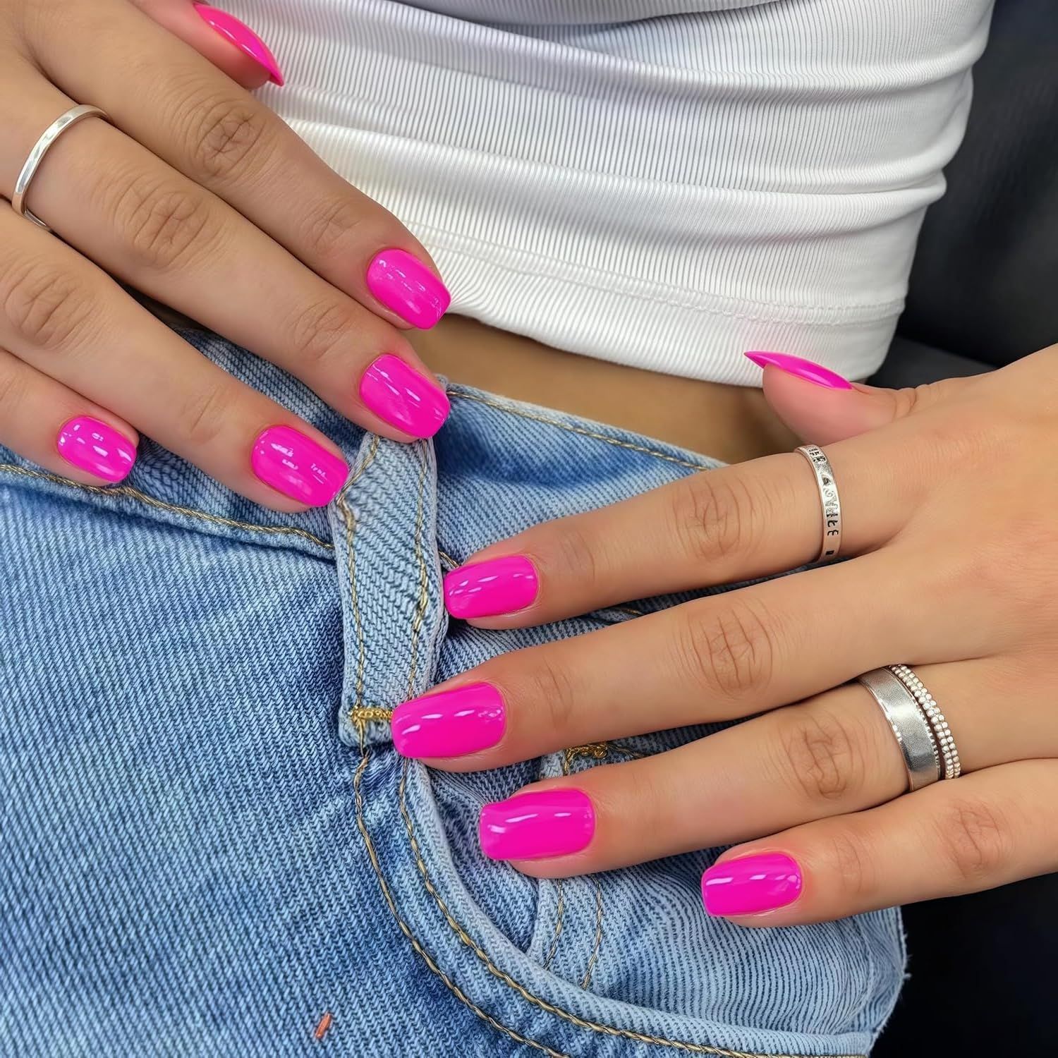 Hot Pink Press on Nails Short Square, KQueenest Gel Fake Nails Short Coffin Pure Bright Color Natural Petite Nails Kit Solid Stick on Nails Press on for Women Daily Office Manicure