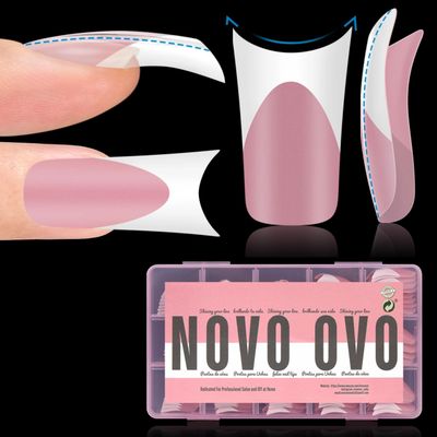 NOVO OVO White French Tip Duck Feet Nail Tips Full Cover for Press on Acrylic with Moon Curve, Thick Medim Long Pre-Etched Matter Flare Wide Soft Gel Fake False Nail Extension x 15 Sizes 150 pcs