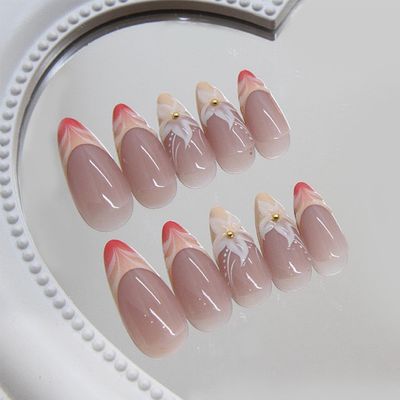 Foccna French Tip Press on Nails Almond - Press on Nails Medium, Acrylic Fake Nails Nude 3D Flower Design Nails Clear False Nail Tips-24pcs