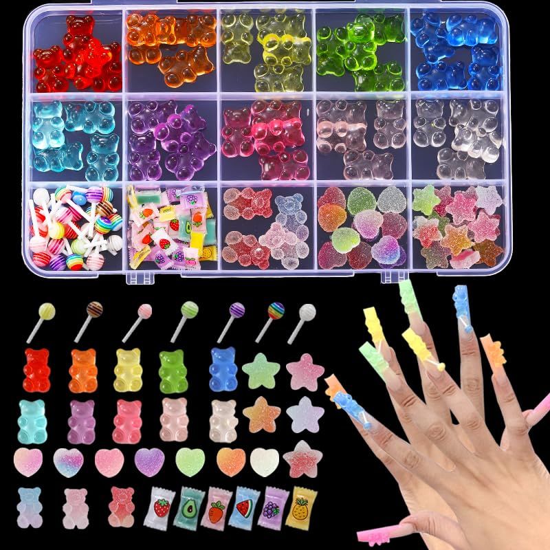ZUMILLMN Gummy Bear Nail Charms, 100PCS Flatback Resin 3D Bear Charms, Glowing in The Dark Nail Decorations, Neon Fake Candy, Kawaii Nails Charms, Ornaments for Slime DIY Craft(Set2)