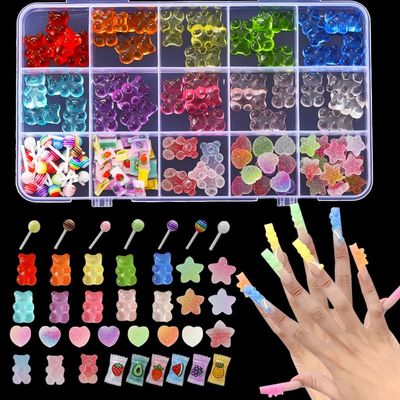ZUMILLMN Gummy Bear Nail Charms, 100PCS Flatback Resin 3D Bear Charms, Glowing in The Dark Nail Decorations, Neon Fake Candy, Kawaii Nails Charms, Ornaments for Slime DIY Craft(Set2)