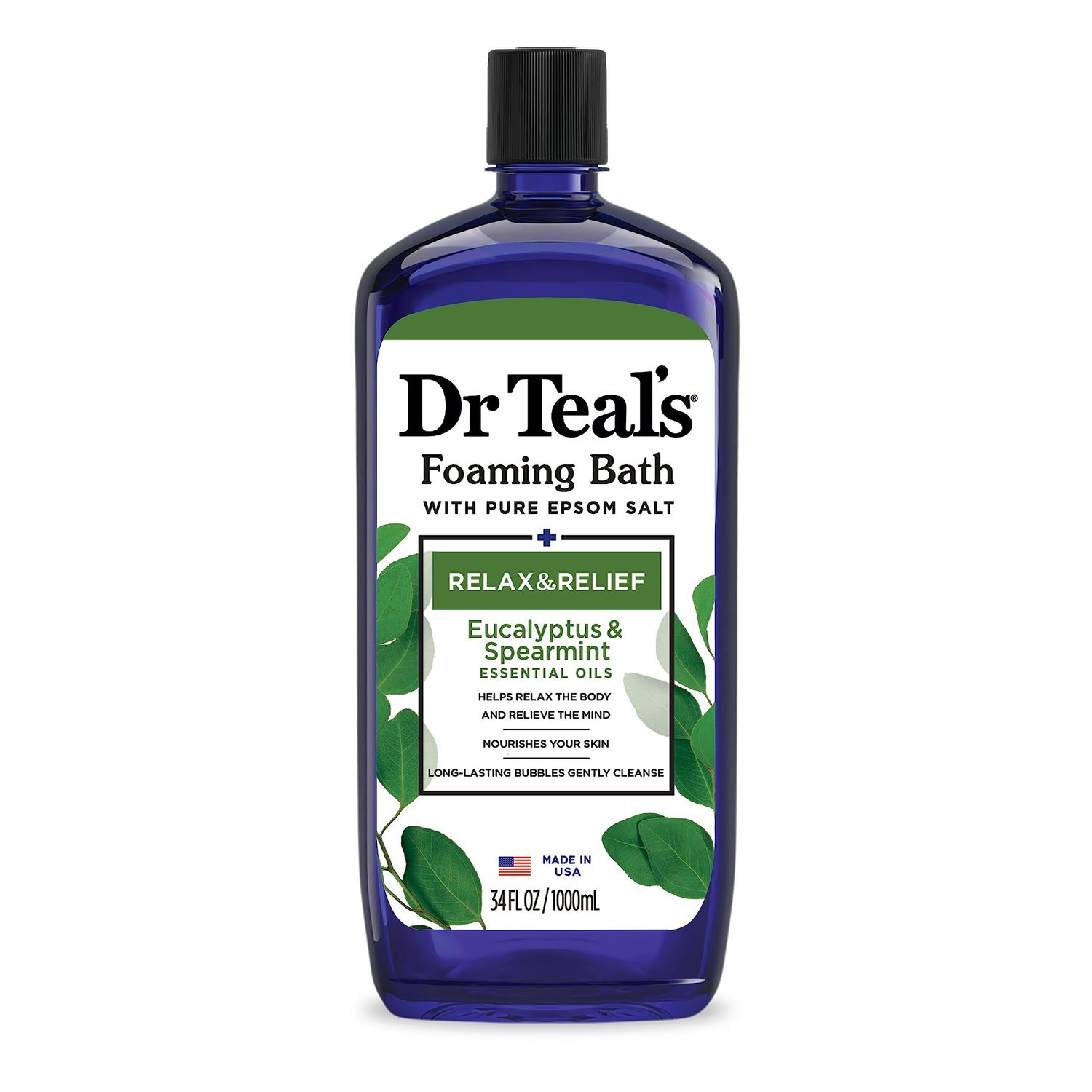 Dr Teals Foaming Bath with Pure Epsom Salt, Relax &amp; Relief with Eucalyptus &amp; Spearmint, 34 fl oz