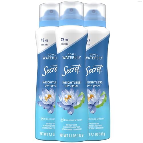 Secret Dry Spray Antiperspirant Deodorant for Women, 48hr Weightless Sweat &amp; Odor Protection, Gentle on Skin, Waterlily &amp; Argan Oil Scent, 4.1 oz (Pack of 3)