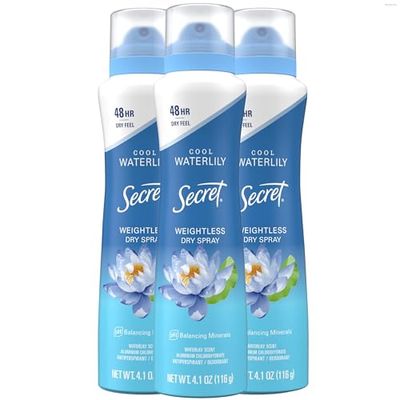 Secret Dry Spray Antiperspirant Deodorant for Women, 48hr Weightless Sweat &amp; Odor Protection, Gentle on Skin, Waterlily &amp; Argan Oil Scent, 4.1 oz (Pack of 3)