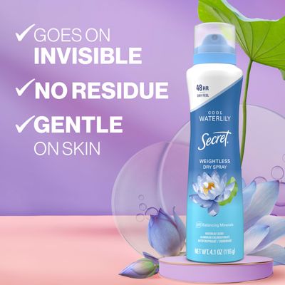 Secret Dry Spray Antiperspirant Deodorant for Women, 48hr Weightless Sweat &amp; Odor Protection, Gentle on Skin, Waterlily &amp; Argan Oil Scent, 4.1 oz (Pack of 3)