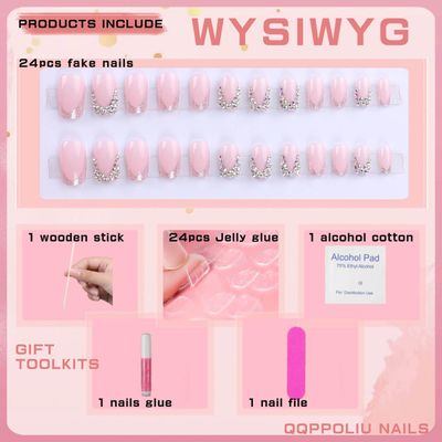QQPPOLIU Short Press on Nails Square Nails with Rhinestone Design French Tips Cute Nails Press on Fake Nails for Girls(Pink &amp; Silver)