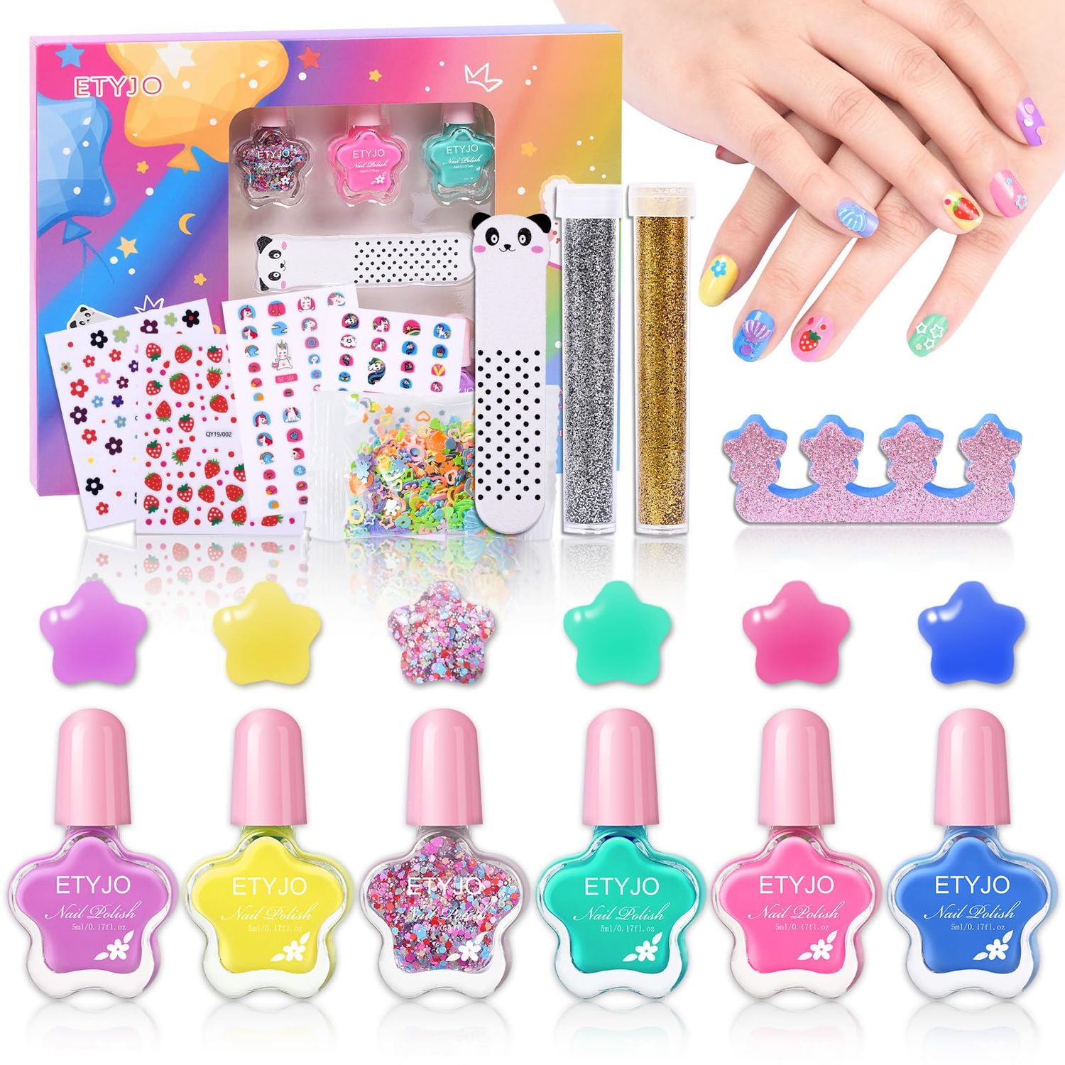 ETYJO Kids Nail Art Kit - Non-Toxic, Water-Based, Peel Off, Quick Dry Nail Polish Set for Girls, 6 Colors, Ages 3