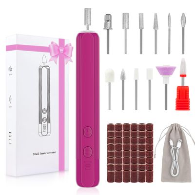 Professional Nail Drill Set, 2,0000 RPM Electric Nail File with 12 Grinding Head &amp; 100Pcs Sanding Bands for Acrylic Gel Nails, Manicure and Polishing (Wine Red)