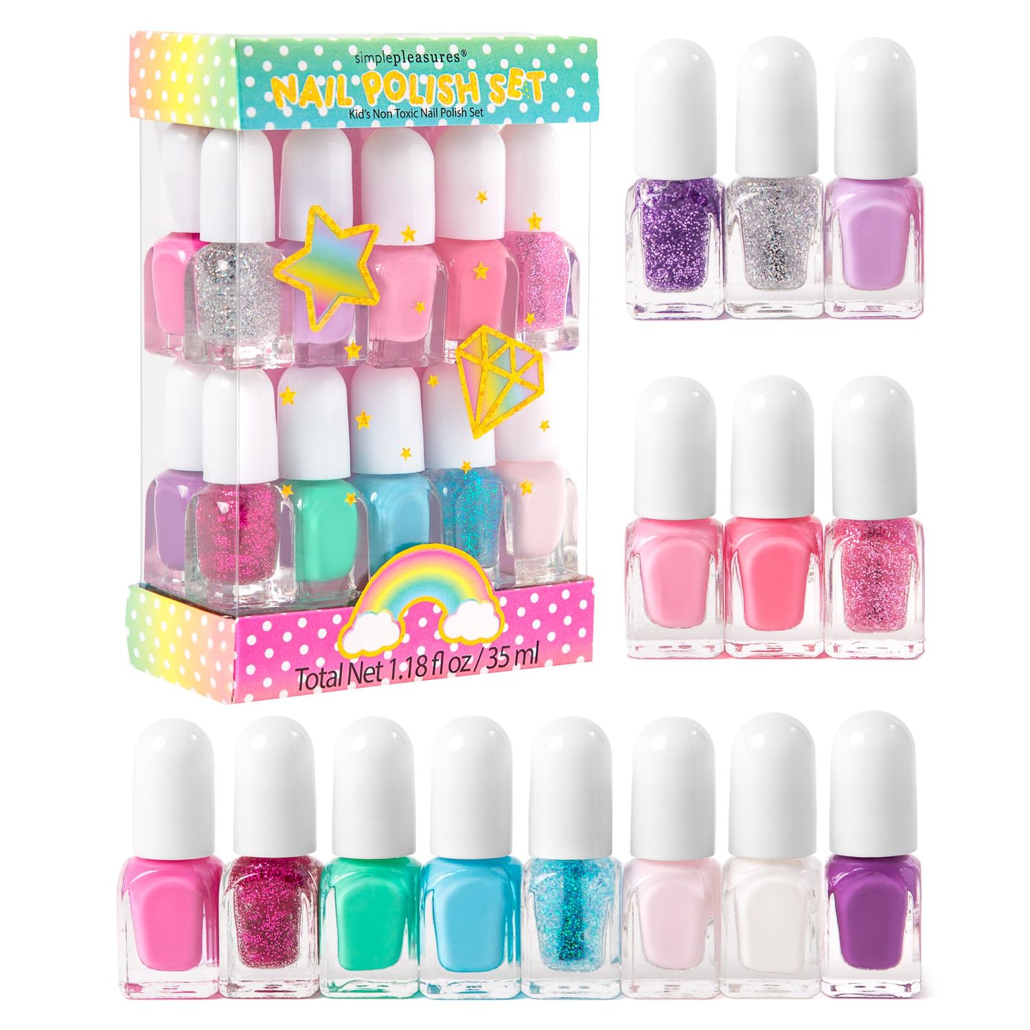 SIMPLE PLEASURES 14- Unicorn Glitter Kids Nail Polish Set for Girls - 14 Water-Based Non -Toxic Nail Art Kit - Gift Set for Girls Ages 7-12