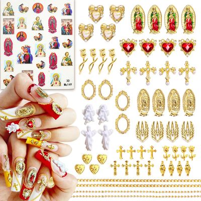 65pcs Virgin Mary Cross Gold Nail Charms 3D Heart Angel Rose Flower Alloy Rhinestones for Acrylic Nail Art Religious San Judas Nail Stickers Chains Gems Jewels Manicure Decoration Supplies DIY