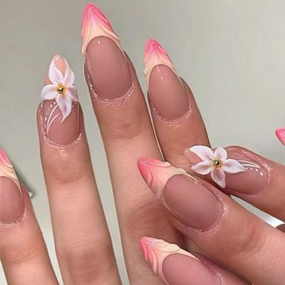 Foccna French Tip Press on Nails Almond - Press on Nails Medium, Acrylic Fake Nails Nude 3D Flower Design Nails Clear False Nail Tips-24pcs
