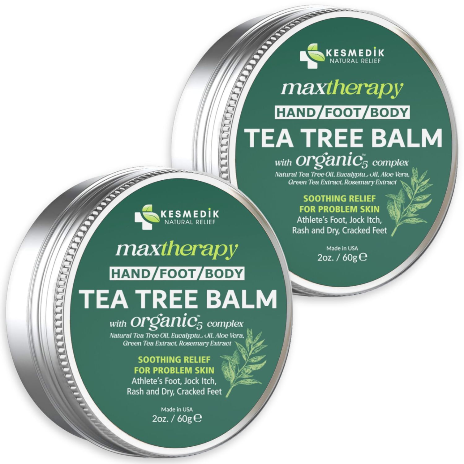 KESMEDIK Tea Tree Oil Balm MaxTherapy | Antifungal Homeopathic Remedy for Feet, Scalp &amp; Body, Soothes Itchy Skin, Diaper Rash, Softens Dryness &amp; Cracked Skin (2-Pack)