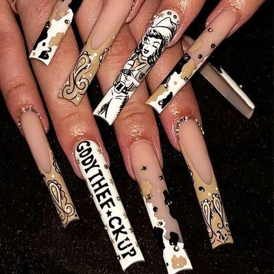 Rilafuvu XXL Press on Nails Extra Long Fake Nails Ombre Cow color Nails press ons Glue on Nails Acrylic Nails Glossy Coffin False Nails for Women 24Pcs (cowboy long square nails)