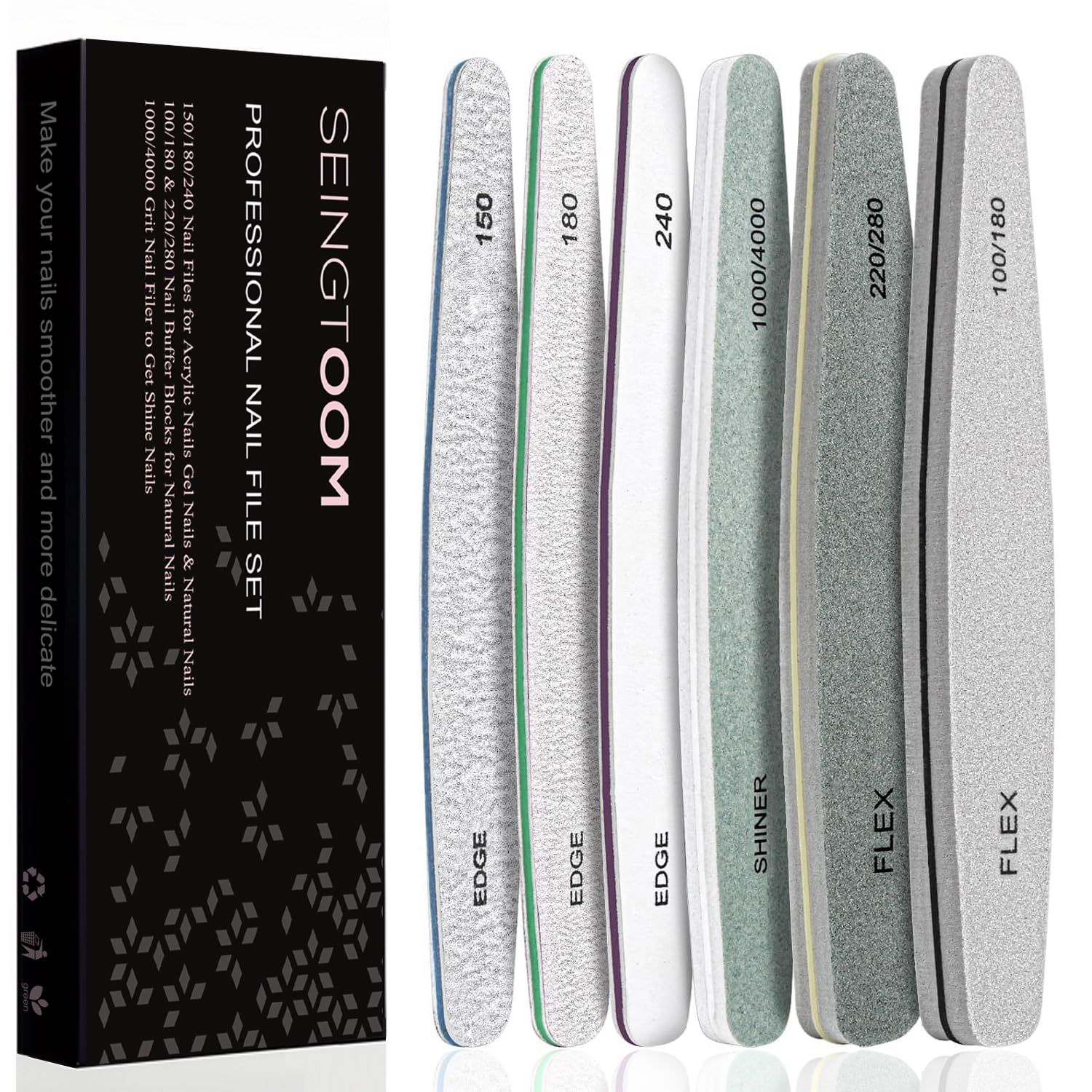 SEINGTOOM 6pcs Nail File Nail Buffers for Natural Nails, Emery Boards for Nails, Nail Buffer and Shine Kit Nail Filer, Nail Buffer Block 100/180 Grit Nail Files Fingernail Files