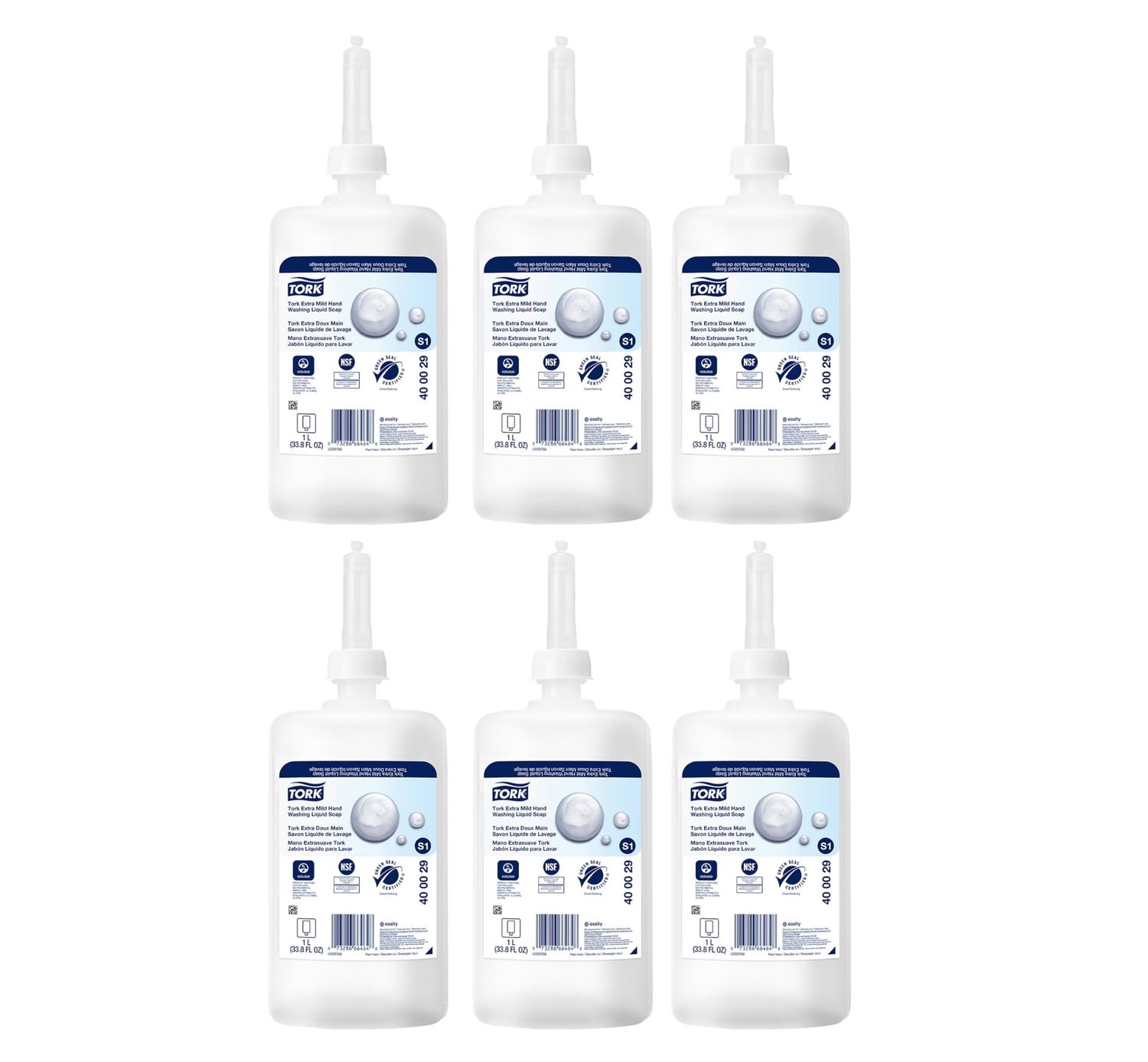 Tork Extra Mild Hand Washing Liquid Soap S1, No Fragrance Added, 6 x 1L, 400029 (formerly 400011)