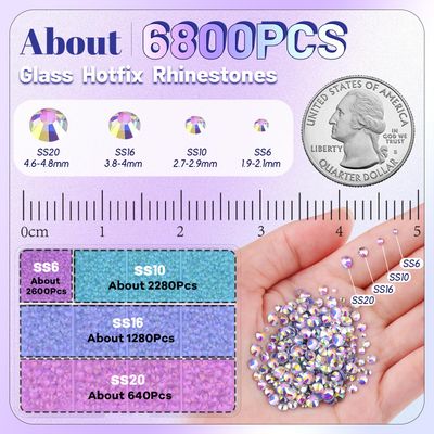 6800Pcs Hotfix Rhinestones for Clothing, Crystal AB 2-5mm Mixed Sizes Iron On Flatback Glass Gems, Bedazzling Crystals Rhinestones for Crafting Hats Shoes Fabric Decor Nail Art