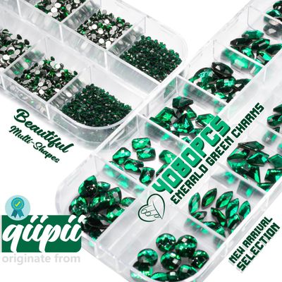 qiipii 4080Pcs Emerald Green Nail Rhinestones K9 Glass Crystal Flat Back Rhinestones Nail Charms Stones Multi Shapes Big Gems Round Beads Nail Art Diamonds jewels for Nails Face Eyes Makeup Crafts DIY