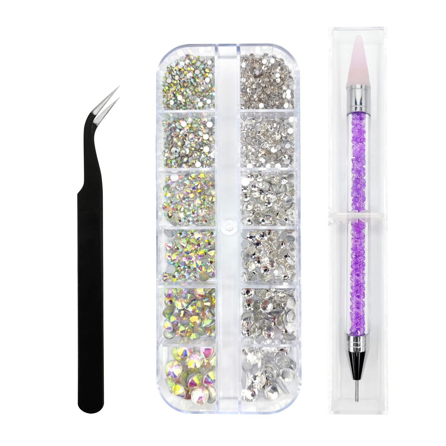Medsuo 1500pcs Clear Rhinestones in 6 Sizes Flat Back Shiny Crystal AB Nail Art Gems with Tweezer and Rhinestone Picker Dotting Pen Nail Art Tools for Nails, Face Eye Makeup, Craft
