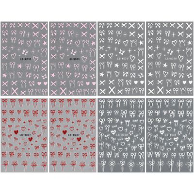 JMEOWIO 8 Sheets Heart Bow Tie Nail Art Stickers Decals Self-Adhesive Pegatinas Uas Pink Nail Supplies Nail Art Design Decoration Accessories