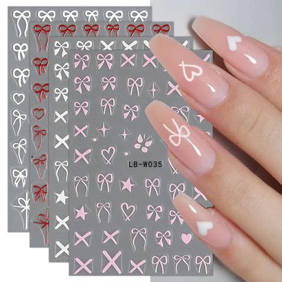 JMEOWIO 8 Sheets Heart Bow Tie Nail Art Stickers Decals Self-Adhesive Pegatinas Uas Pink Nail Supplies Nail Art Design Decoration Accessories