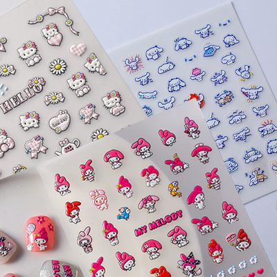 Akutoer 5D Nail Art Stickers, Kawaii Anime Self-Adhesive Vinyl Decals for Women Girls, 3 Sheets Cute Cartoon Nail Art Supplies