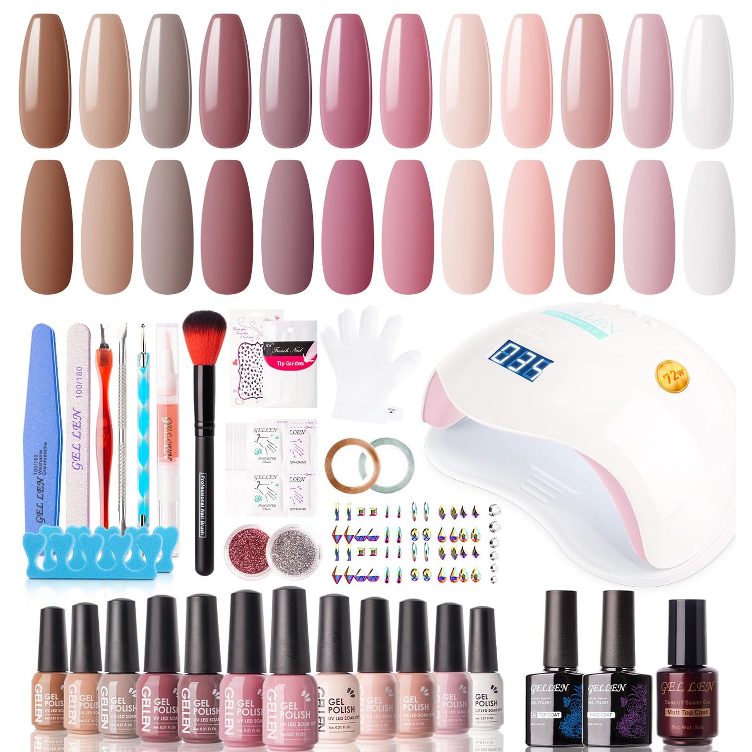 Gellen Gel Nail Polish Kit with U V LED Light 72W Nail Dryer, 12 Gel Nail Colors, No Wipe Top Base Coat, Nail Art Decorations, Manicure Tools, All-In-One Manicure Kit for Mothers Day Gift