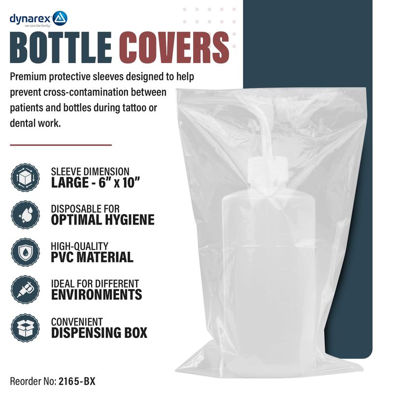 Dynarex Wash Bottle Bags - Disposable Sleeve Covers for Tattoo Squeeze Bottle - Sterile Pouches for Full Coverage - Large Size, Box of 500