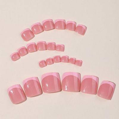24 Pcs Nude Pink Press on Toenails Short Summer Square Fake Toe Nails Press ons Nail Art Tip with Pink French Design Full Cover Acrylic Beach False Toe Nail Stick Glue on Nails for Women