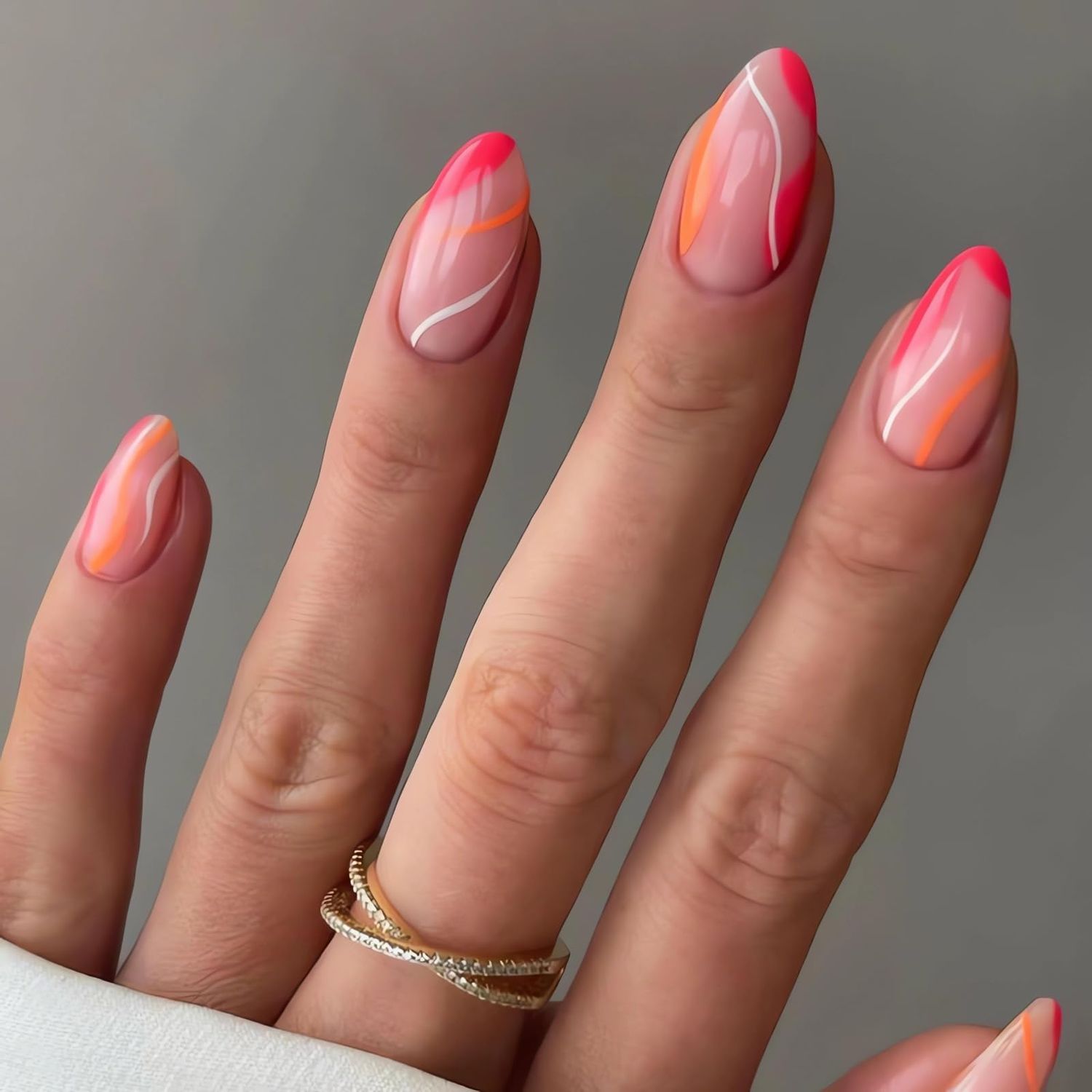 IMSOHOT French Tip Press on Nails Medium Almond Summer Fake Nails Glossy Acrylic False Nails with Designs Full Cover Gel Hot Pink Glue on Nails Reusable Stick on Nails 24pcs