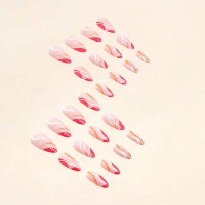 IMSOHOT French Tip Press on Nails Medium Almond Summer Fake Nails Glossy Acrylic False Nails with Designs Full Cover Gel Hot Pink Glue on Nails Reusable Stick on Nails 24pcs