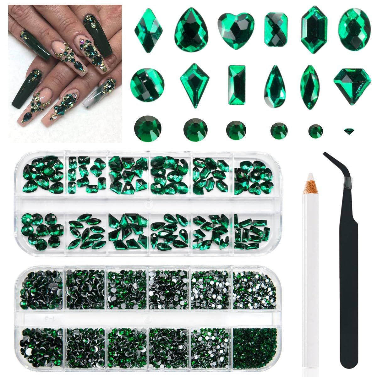 qiipii 4080Pcs Emerald Green Nail Rhinestones K9 Glass Crystal Flat Back Rhinestones Nail Charms Stones Multi Shapes Big Gems Round Beads Nail Art Diamonds jewels for Nails Face Eyes Makeup Crafts DIY