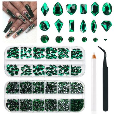 qiipii 4080Pcs Emerald Green Nail Rhinestones K9 Glass Crystal Flat Back Rhinestones Nail Charms Stones Multi Shapes Big Gems Round Beads Nail Art Diamonds jewels for Nails Face Eyes Makeup Crafts DIY