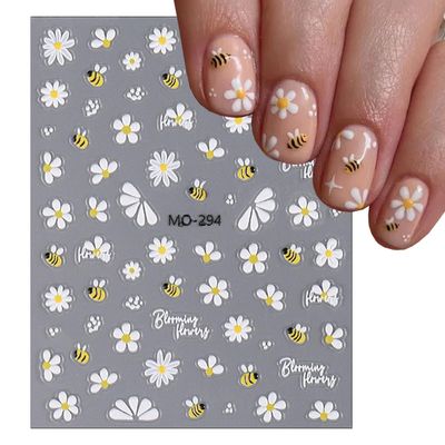 Flower Nail Art Stickers 5D Embossed Cute Bee Nails Decals Spring Daisy Design Fall Flowers Nails Art Decoration Self-Adhesive Nail Supplies for Women Girls Manicure Accessories, 3pcs