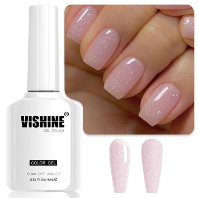 Vishine Glitter Nude Pink Gel Polish Iridescent Shimmer Jelly Neutral Color Skin Tone Clear Pink 16ml Sparkle Pink Natural Soak off UV LED Cured for Home Salon DIY Nail Art E030