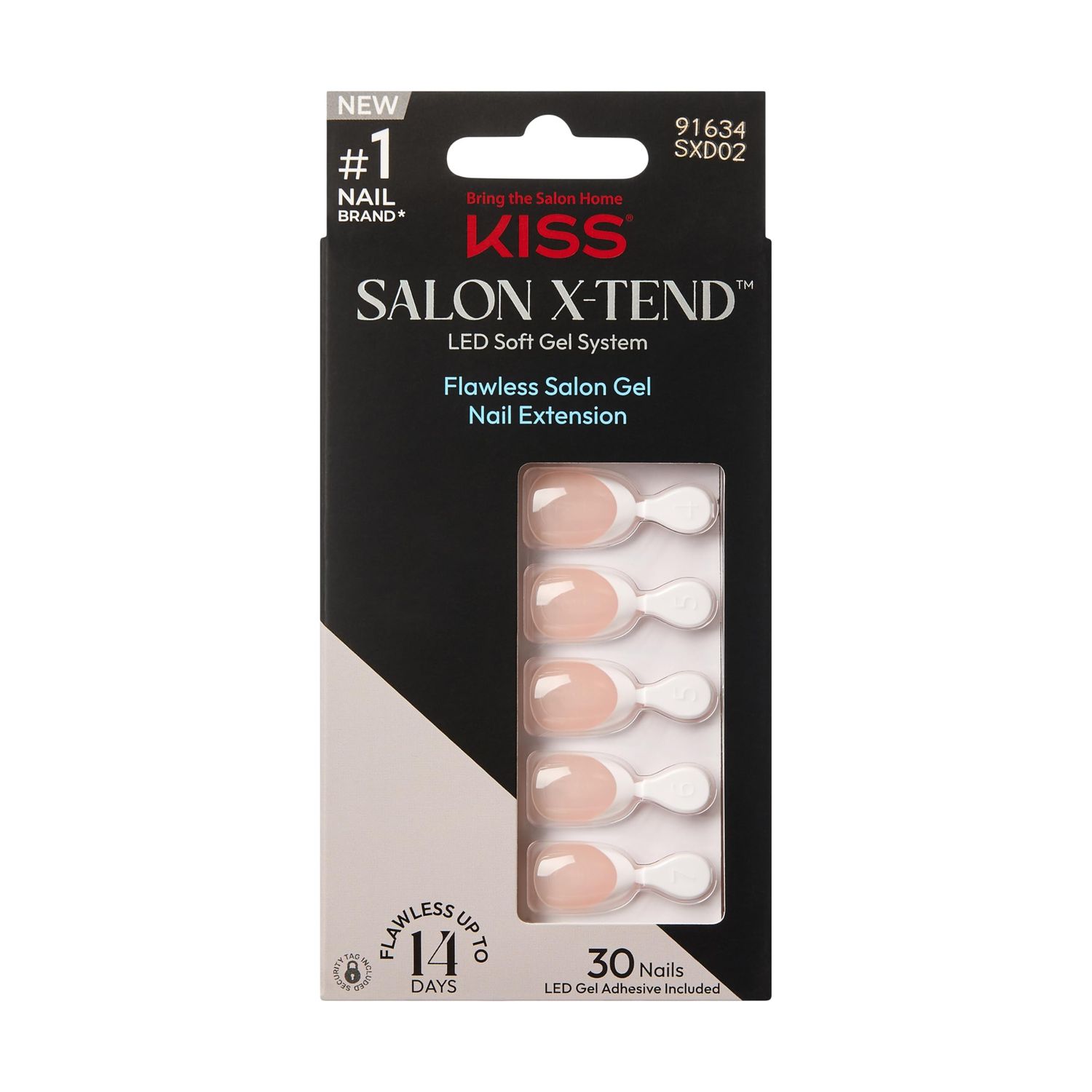 KISS Salon X-tend, Press-On Nails, Nail glue included, Nonsense, Light White, Short Size, Almond Shape, Includes 30 Nails, 5Ml Led Soft Gel Adhesive, 1 Manicure Stick, 1 New Mini File, New Prep Pad
