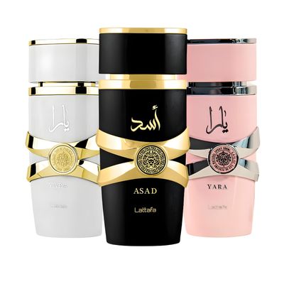 Lattafa for Women 3 Piece Eau de Parfum Gift Set (Yara Yara Moi Asad) 3.4 Ounce/100 ml each