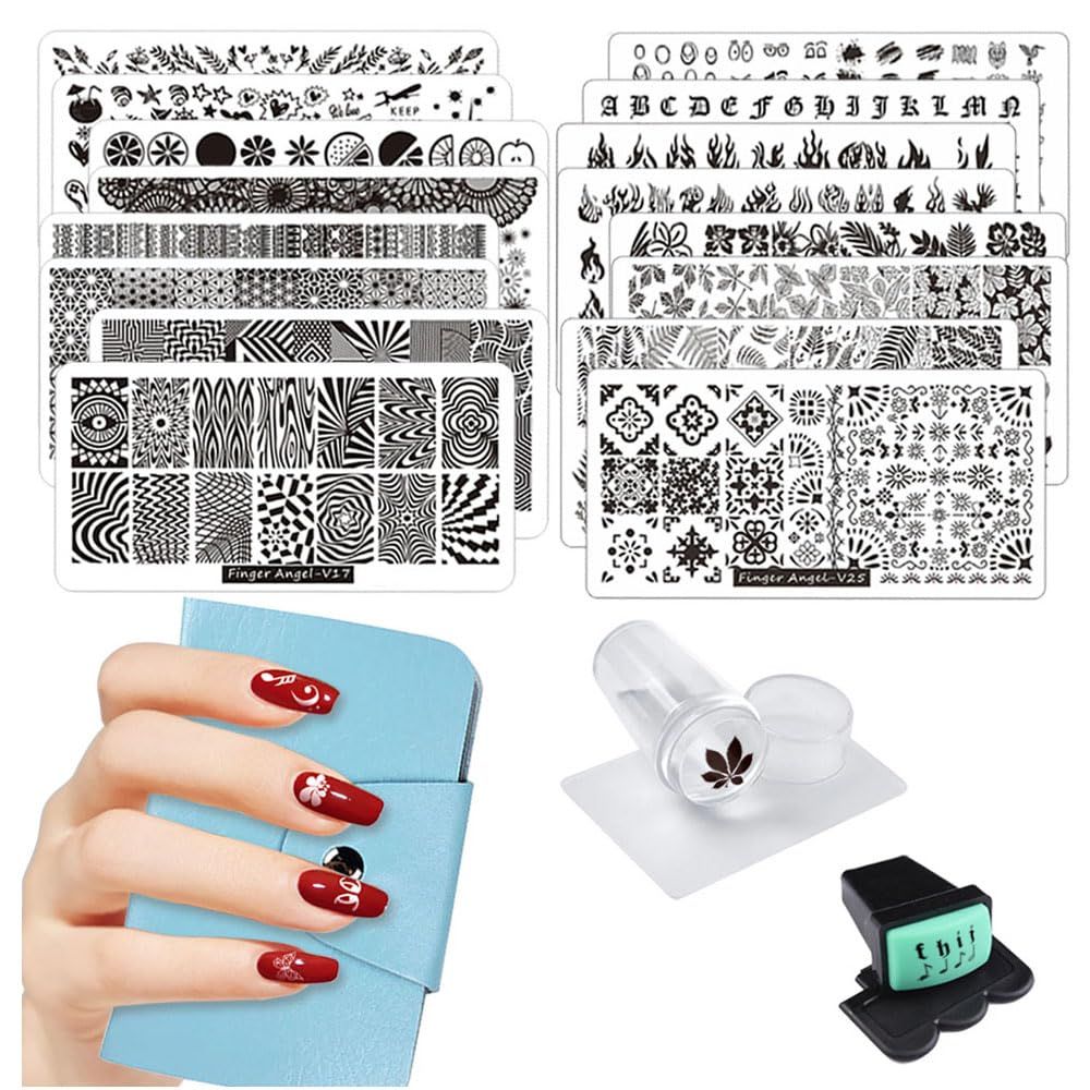 FingerAngel 21Pcs Nail Stamp Plate Set 16Pcs Mix Design Stamping nail Art Plate 2Nail Stamper 2Scraper1Pcs Case Nails Art Stamping Plate Scraper Stamper Set Leaves Flowers Nail plate V17-32